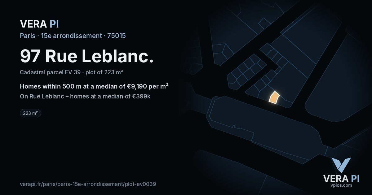 97 Rue Leblanc, 15e arrondissement at night – the plot lit, the parcels around coloured by the prices near them