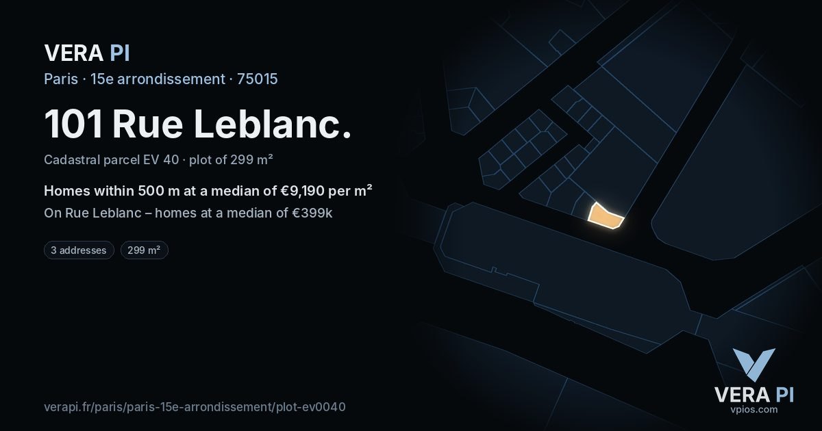 101 Rue Leblanc, 15e arrondissement at night – the plot lit, the parcels around coloured by the prices near them