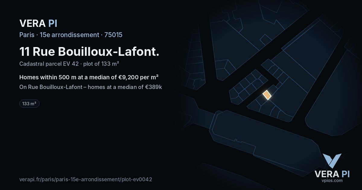 11 Rue Bouilloux-Lafont, 15e arrondissement at night – the plot lit, the parcels around coloured by the prices near them