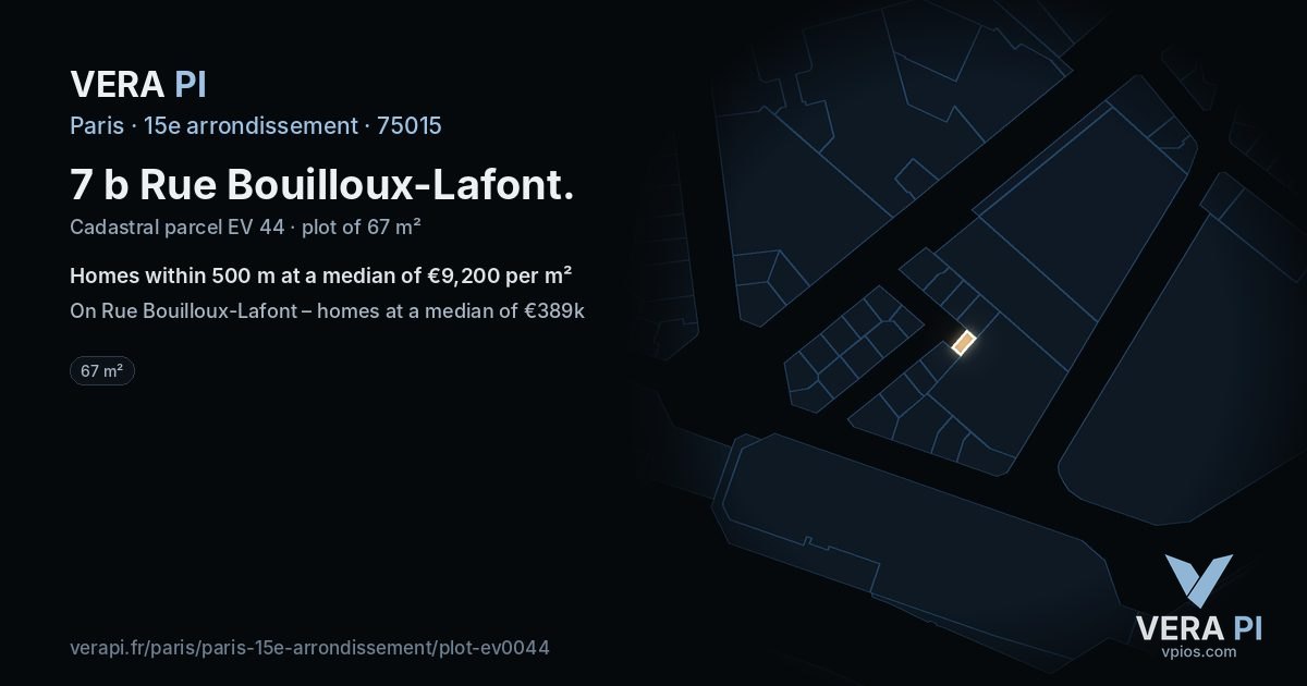 7 b Rue Bouilloux-Lafont, 15e arrondissement at night – the plot lit, the parcels around coloured by the prices near them