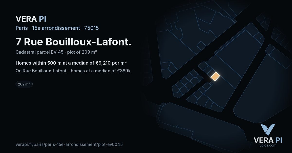 7 Rue Bouilloux-Lafont, 15e arrondissement at night – the plot lit, the parcels around coloured by the prices near them