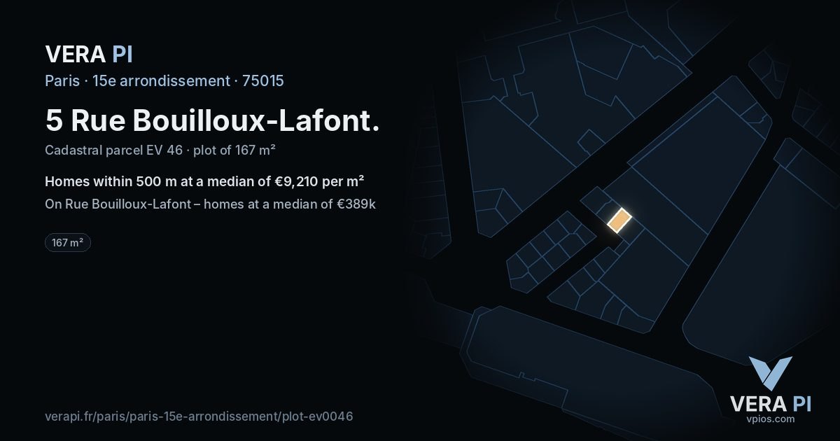 5 Rue Bouilloux-Lafont, 15e arrondissement at night – the plot lit, the parcels around coloured by the prices near them