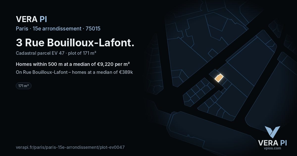 3 Rue Bouilloux-Lafont, 15e arrondissement at night – the plot lit, the parcels around coloured by the prices near them