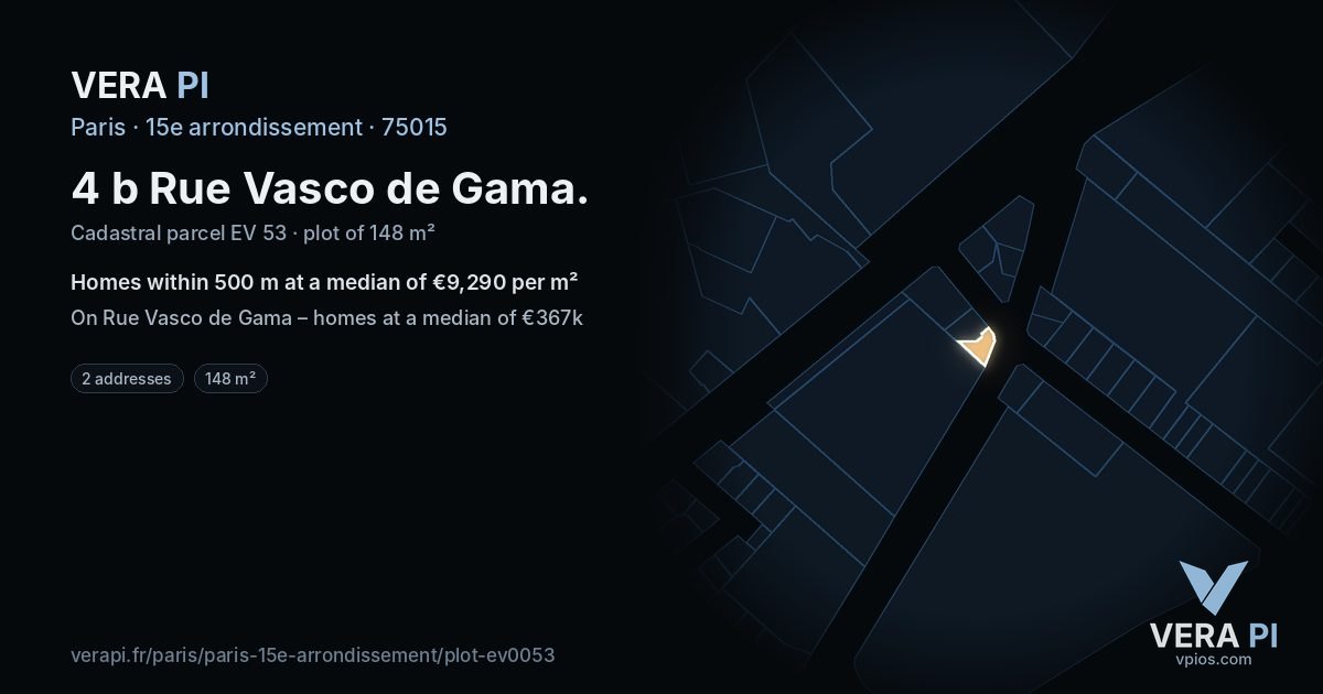 4 b Rue Vasco de Gama, 15e arrondissement at night – the plot lit, the parcels around coloured by the prices near them