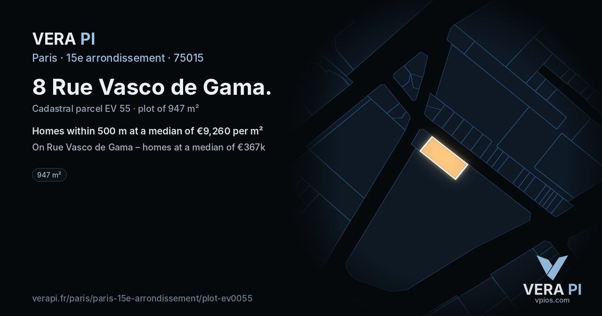 8 Rue Vasco de Gama, 15e arrondissement at night – the plot lit, the parcels around coloured by the prices near them