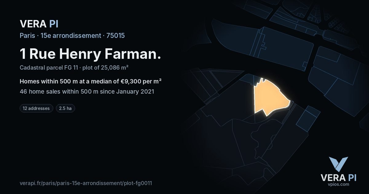 1 Rue Henry Farman, 15e arrondissement at night – the plot lit, the parcels around coloured by the prices near them