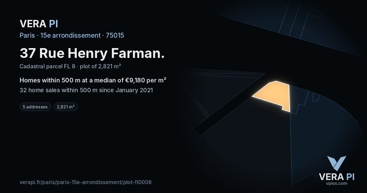 37 Rue Henry Farman, 15e arrondissement at night – the plot lit, the parcels around coloured by the prices near them
