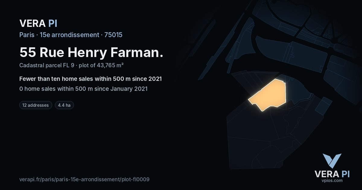 55 Rue Henry Farman, 15e arrondissement at night – the plot lit, the parcels around coloured by the prices near them