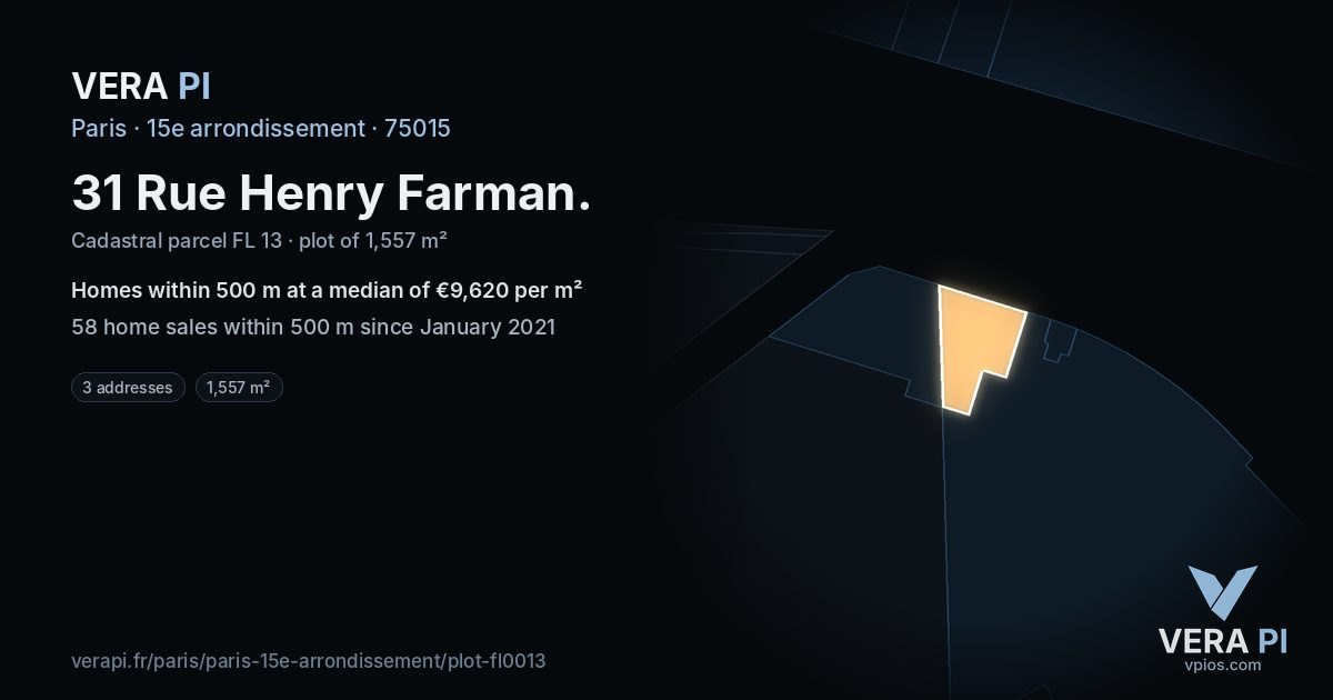 31 Rue Henry Farman, 15e arrondissement at night – the plot lit, the parcels around coloured by the prices near them