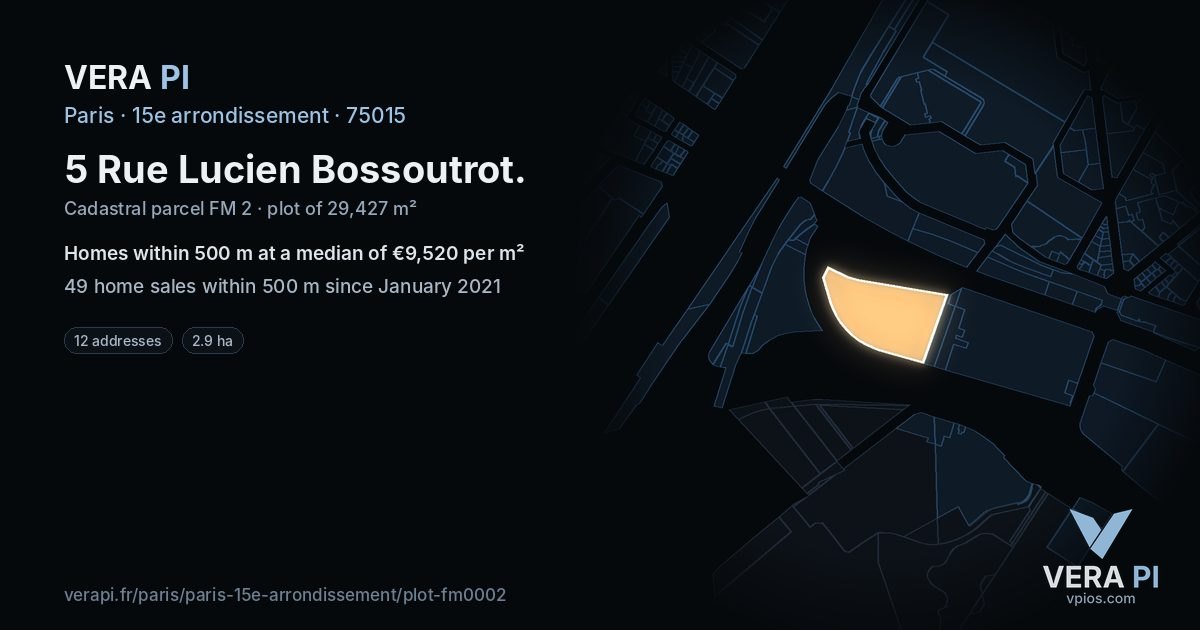 5 Rue Lucien Bossoutrot, 15e arrondissement at night – the plot lit, the parcels around coloured by the prices near them