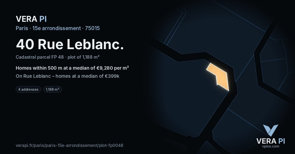 40 Rue Leblanc, 15e arrondissement at night – the plot lit, the parcels around coloured by the prices near them
