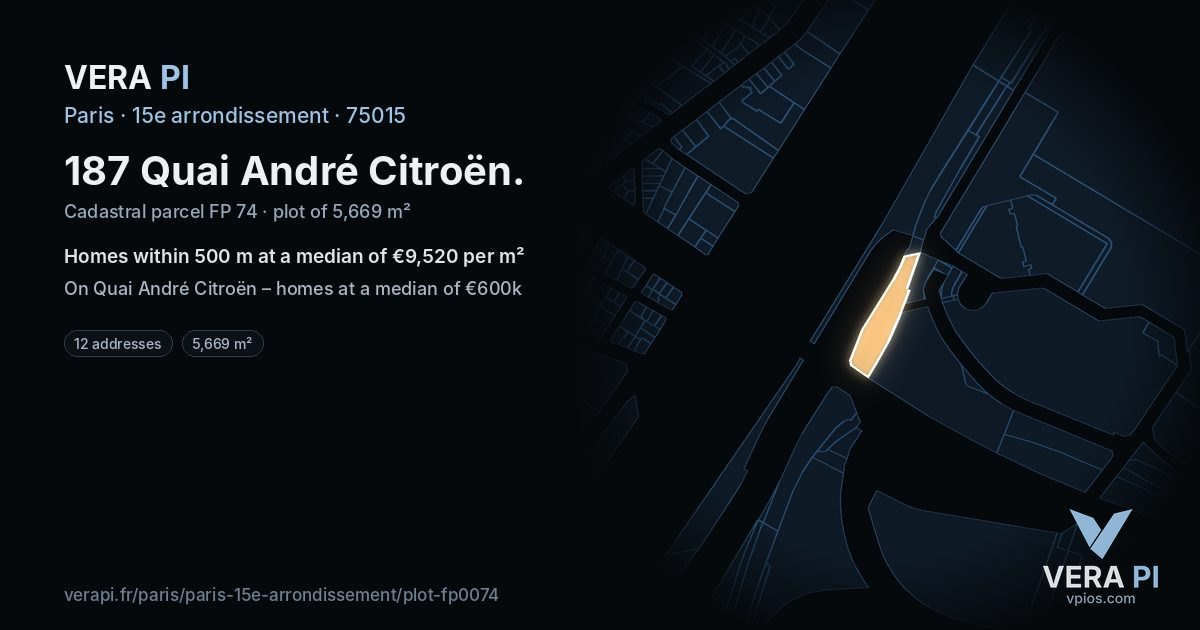 187 Quai André Citroën, 15e arrondissement at night – the plot lit, the parcels around coloured by the prices near them