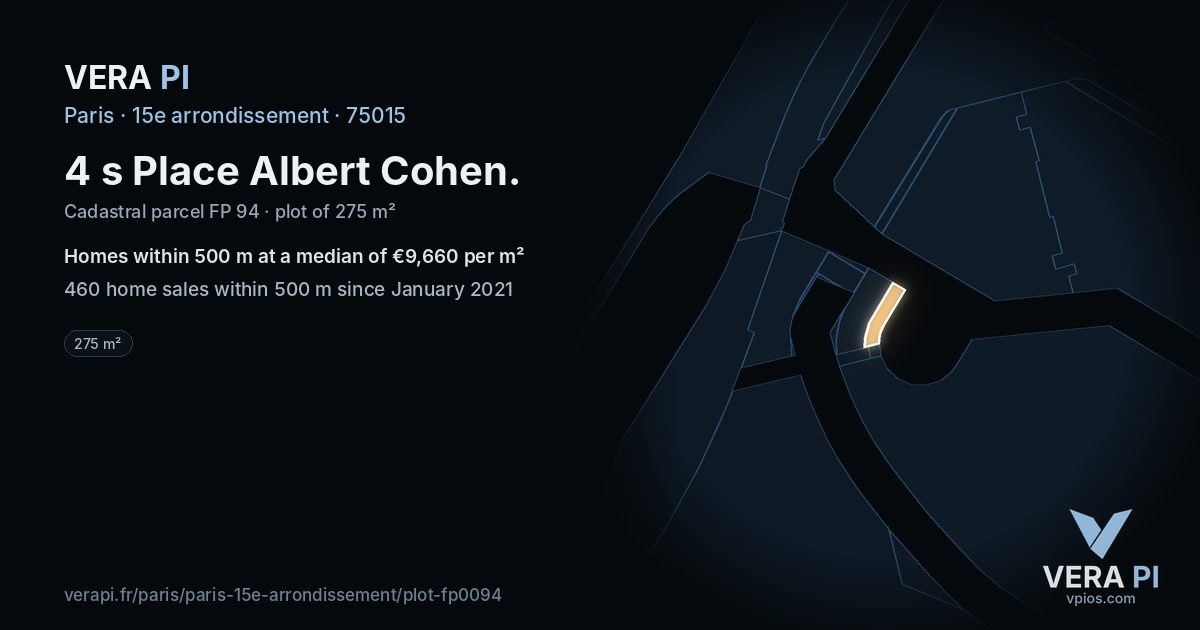 4 s Place Albert Cohen, 15e arrondissement at night – the plot lit, the parcels around coloured by the prices near them