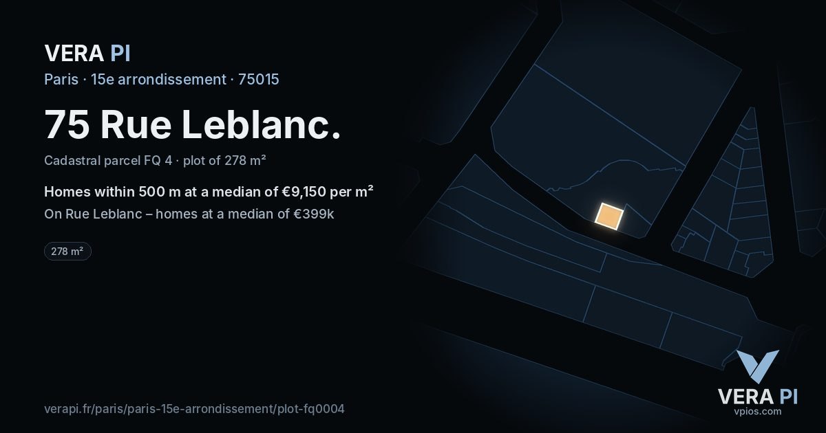 75 Rue Leblanc, 15e arrondissement at night – the plot lit, the parcels around coloured by the prices near them