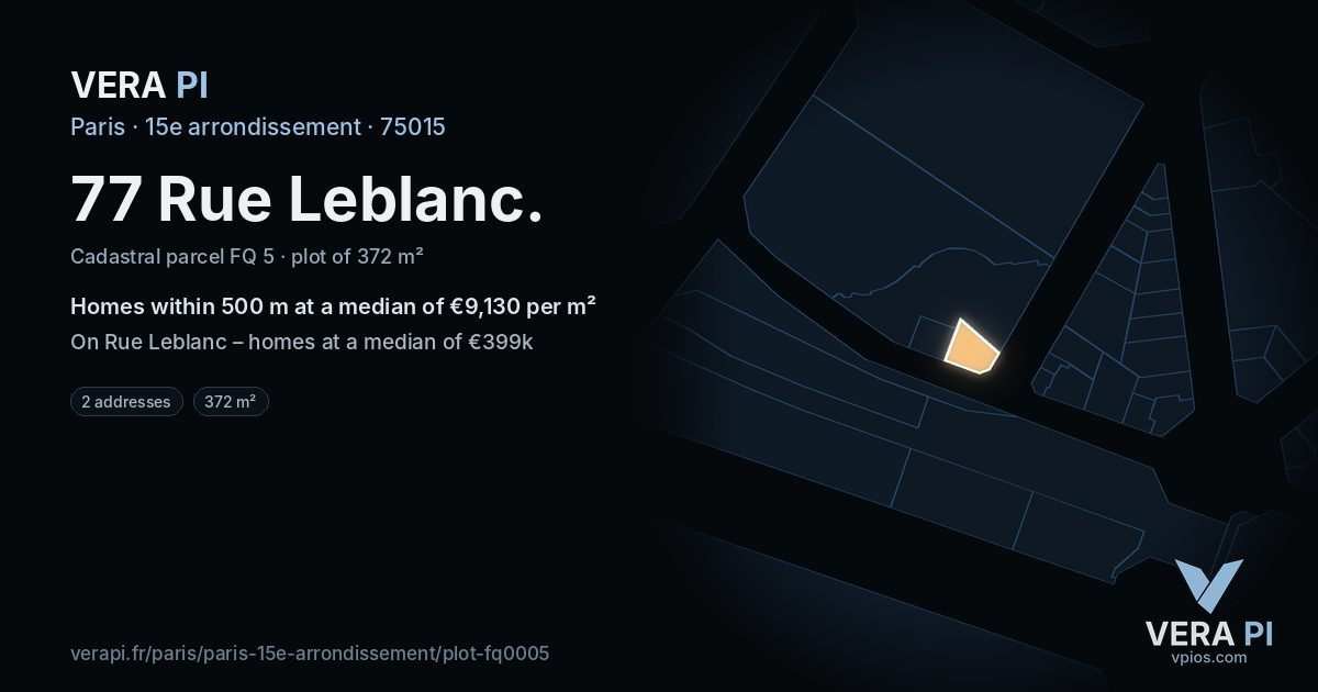 77 Rue Leblanc, 15e arrondissement at night – the plot lit, the parcels around coloured by the prices near them