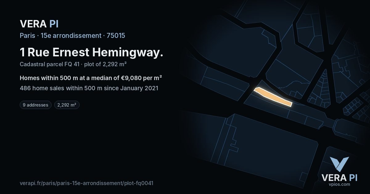 1 Rue Ernest Hemingway, 15e arrondissement at night – the plot lit, the parcels around coloured by the prices near them