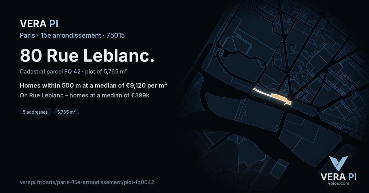80 Rue Leblanc, 15e arrondissement at night – the plot lit, the parcels around coloured by the prices near them