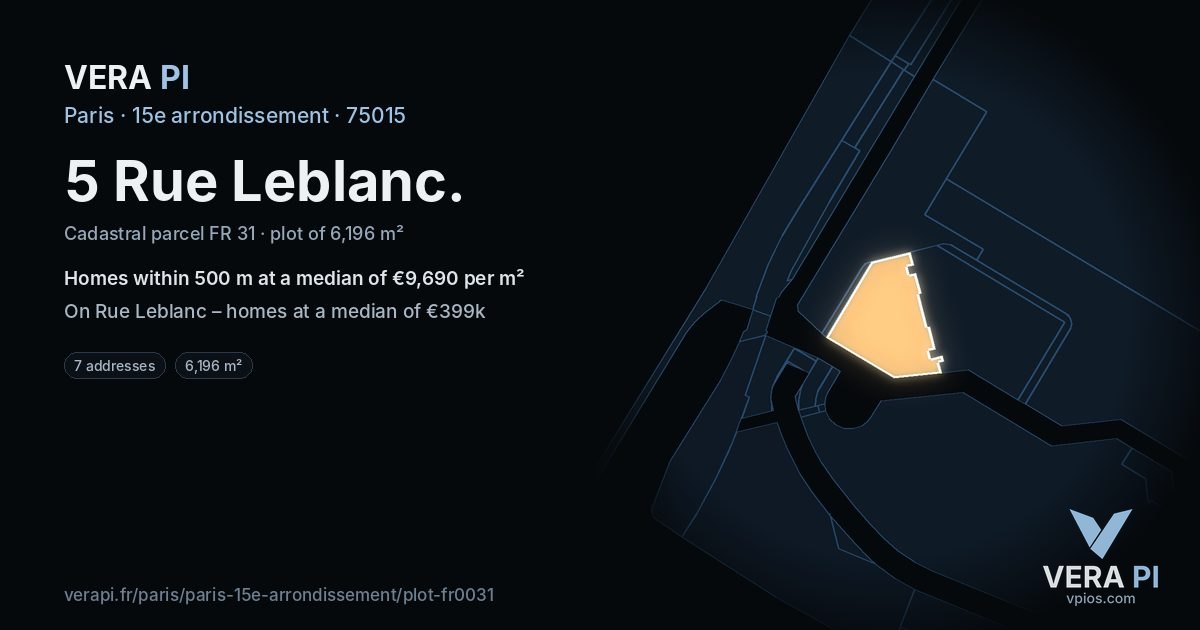 5 Rue Leblanc, 15e arrondissement at night – the plot lit, the parcels around coloured by the prices near them