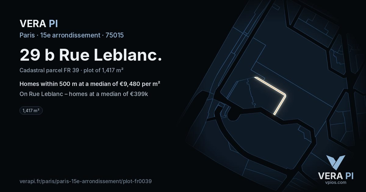 29 b Rue Leblanc, 15e arrondissement at night – the plot lit, the parcels around coloured by the prices near them