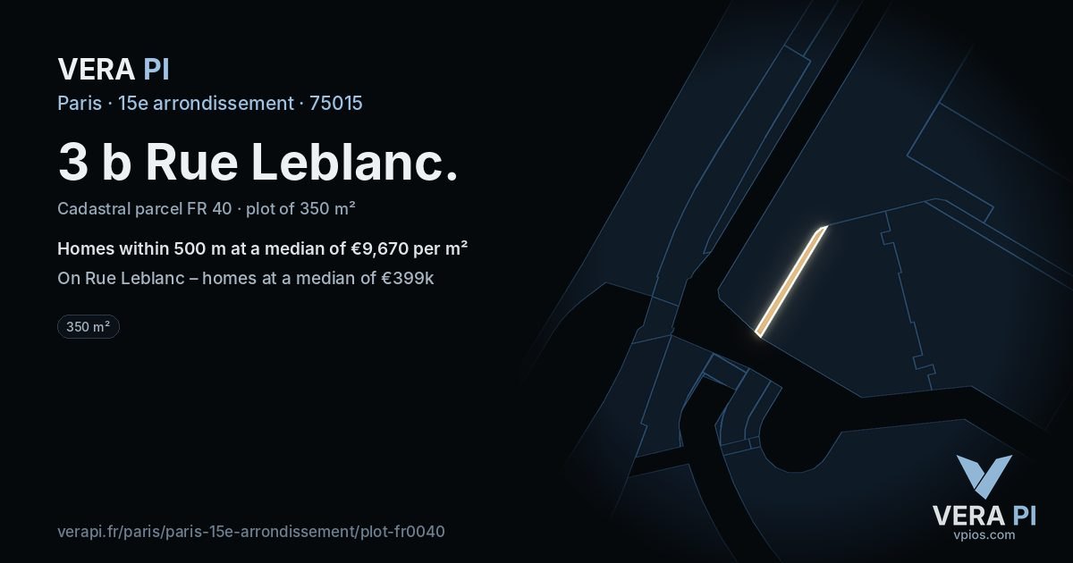 3 b Rue Leblanc, 15e arrondissement at night – the plot lit, the parcels around coloured by the prices near them