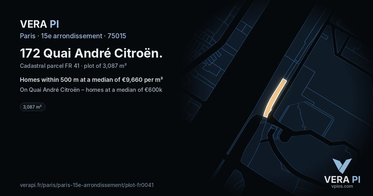 172 Quai André Citroën, 15e arrondissement at night – the plot lit, the parcels around coloured by the prices near them