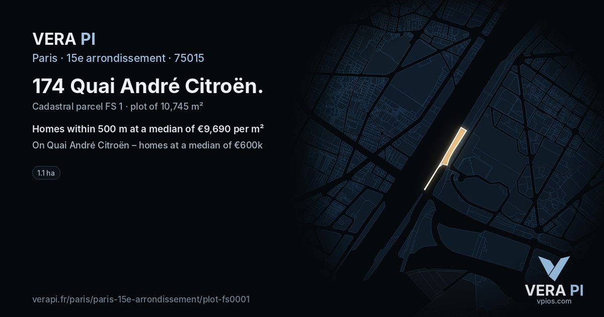 174 Quai André Citroën, 15e arrondissement at night – the plot lit, the parcels around coloured by the prices near them