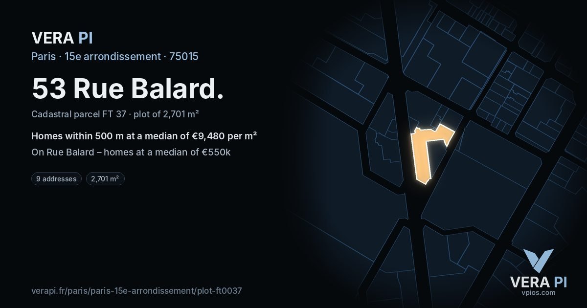 53 Rue Balard, 15e arrondissement at night – the plot lit, the parcels around coloured by the prices near them