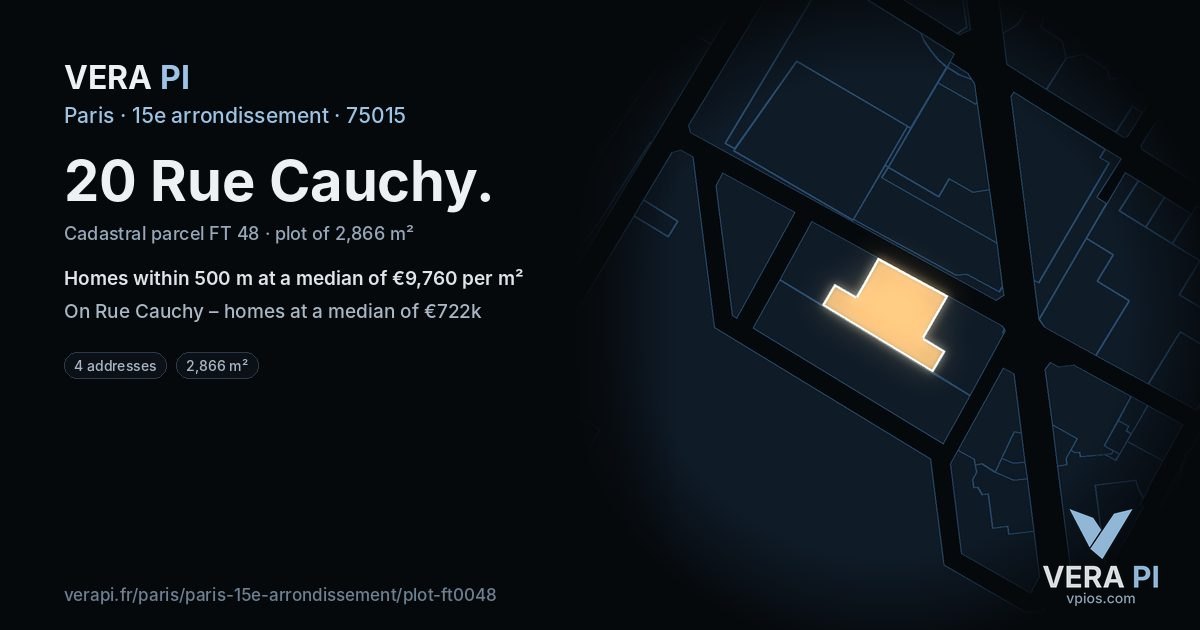 20 Rue Cauchy, 15e arrondissement at night – the plot lit, the parcels around coloured by the prices near them