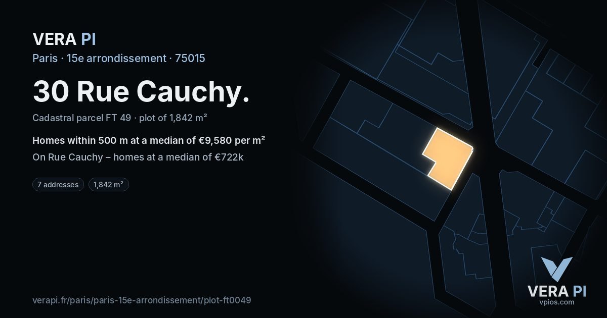 30 Rue Cauchy, 15e arrondissement at night – the plot lit, the parcels around coloured by the prices near them