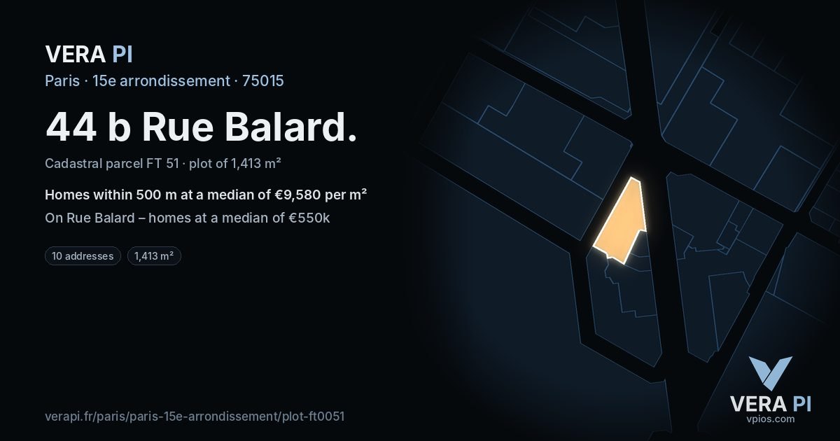 44 b Rue Balard, 15e arrondissement at night – the plot lit, the parcels around coloured by the prices near them