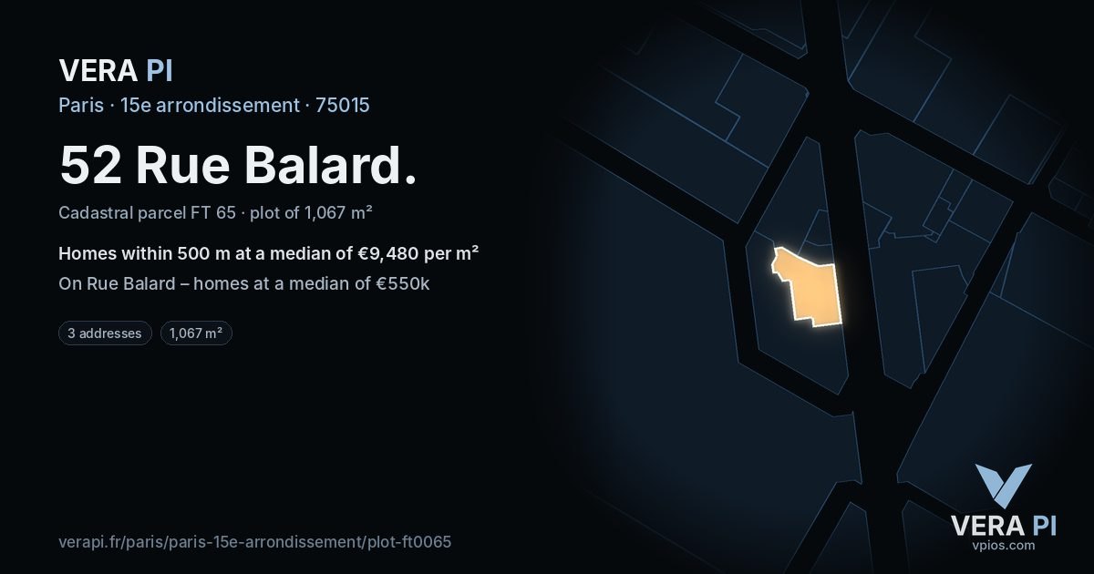 52 Rue Balard, 15e arrondissement at night – the plot lit, the parcels around coloured by the prices near them