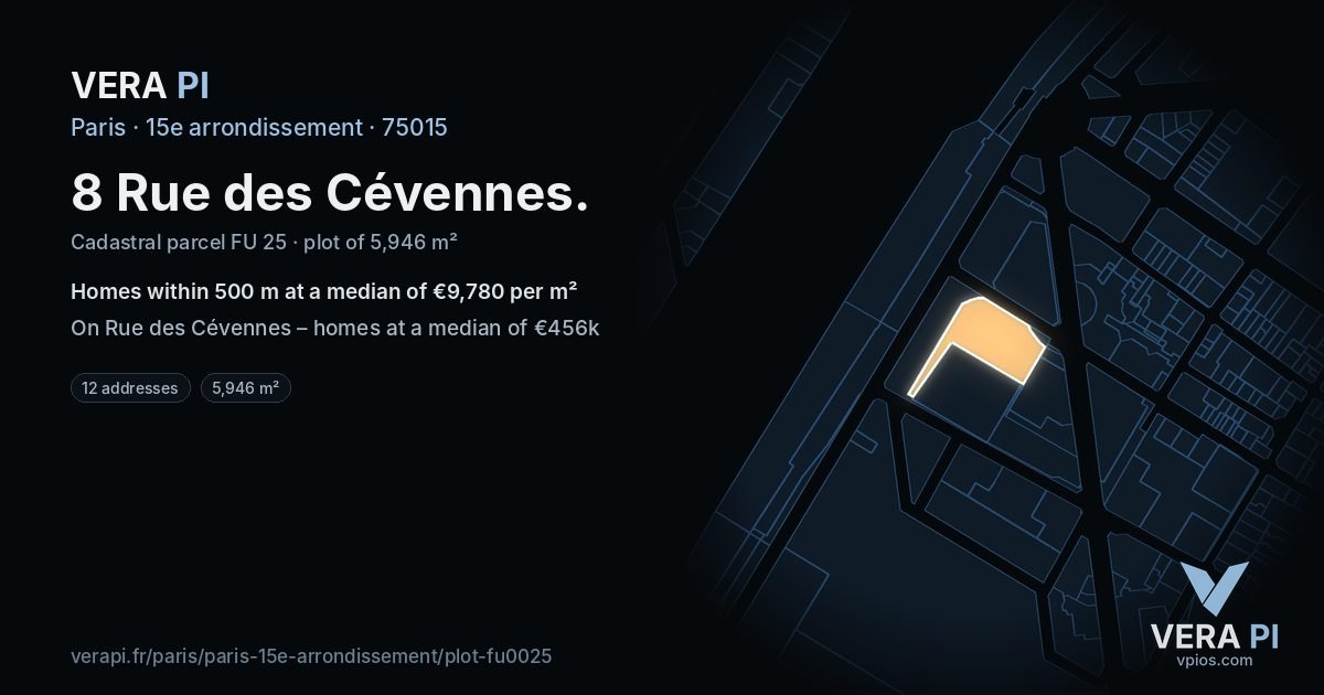 8 Rue des Cévennes, 15e arrondissement at night – the plot lit, the parcels around coloured by the prices near them