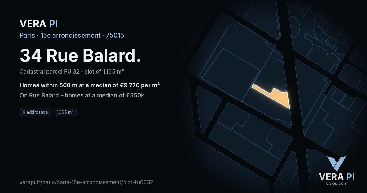 34 Rue Balard, 15e arrondissement at night – the plot lit, the parcels around coloured by the prices near them