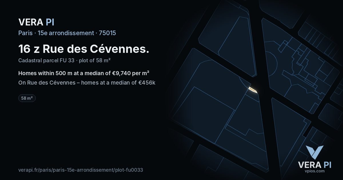 16 z Rue des Cévennes, 15e arrondissement at night – the plot lit, the parcels around coloured by the prices near them