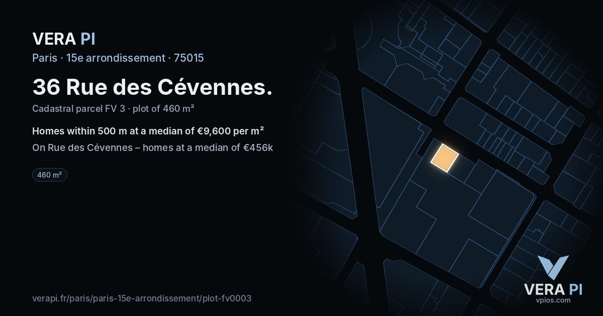 36 Rue des Cévennes, 15e arrondissement at night – the plot lit, the parcels around coloured by the prices near them