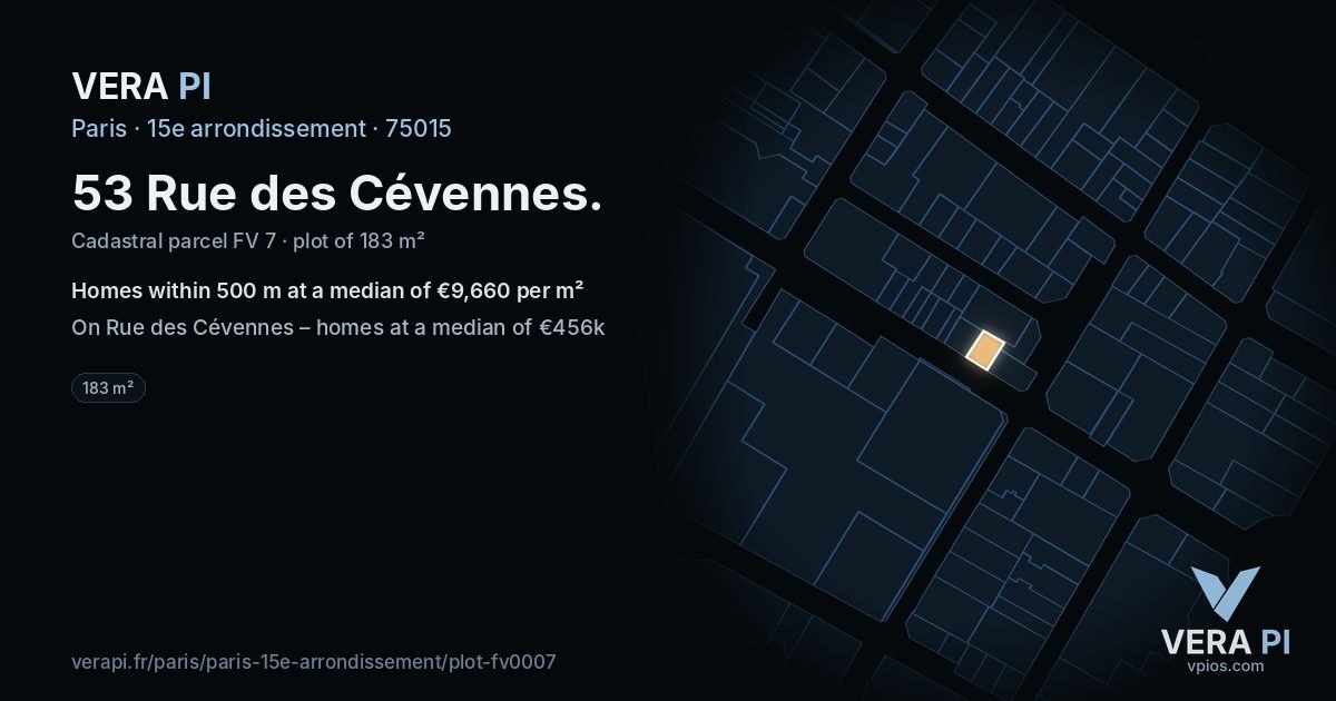 53 Rue des Cévennes, 15e arrondissement at night – the plot lit, the parcels around coloured by the prices near them