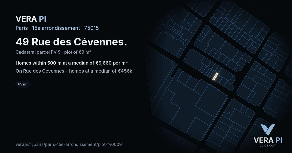 49 Rue des Cévennes, 15e arrondissement at night – the plot lit, the parcels around coloured by the prices near them
