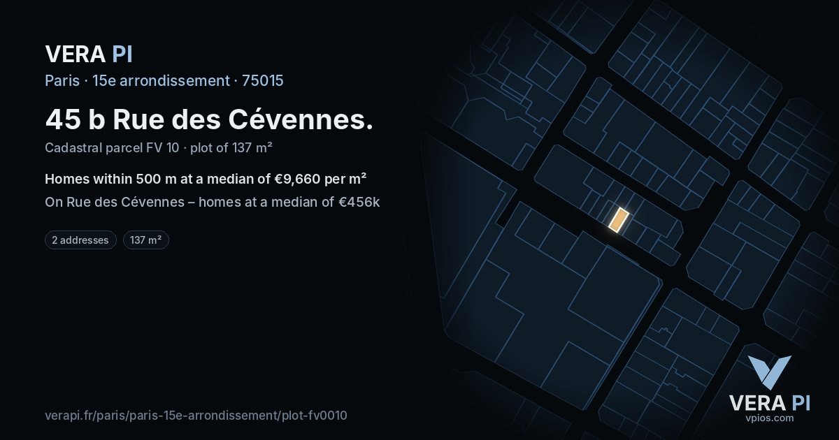 45 b Rue des Cévennes, 15e arrondissement at night – the plot lit, the parcels around coloured by the prices near them