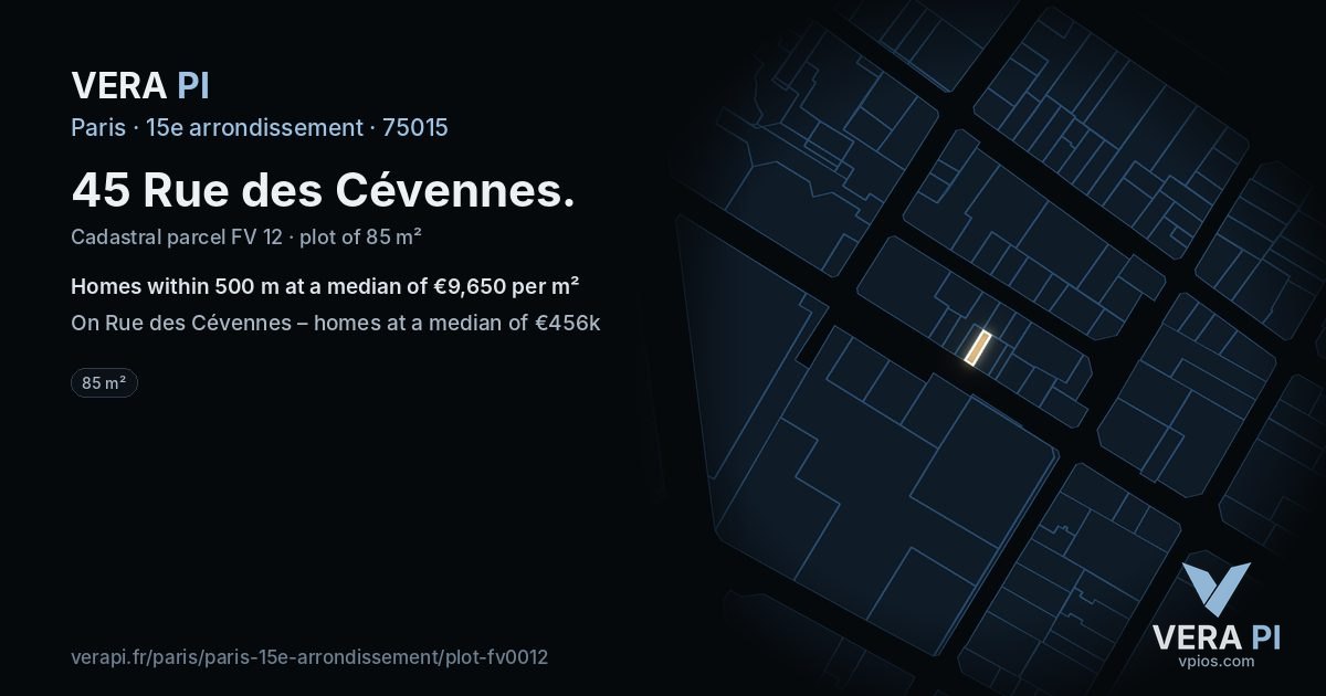 45 Rue des Cévennes, 15e arrondissement at night – the plot lit, the parcels around coloured by the prices near them