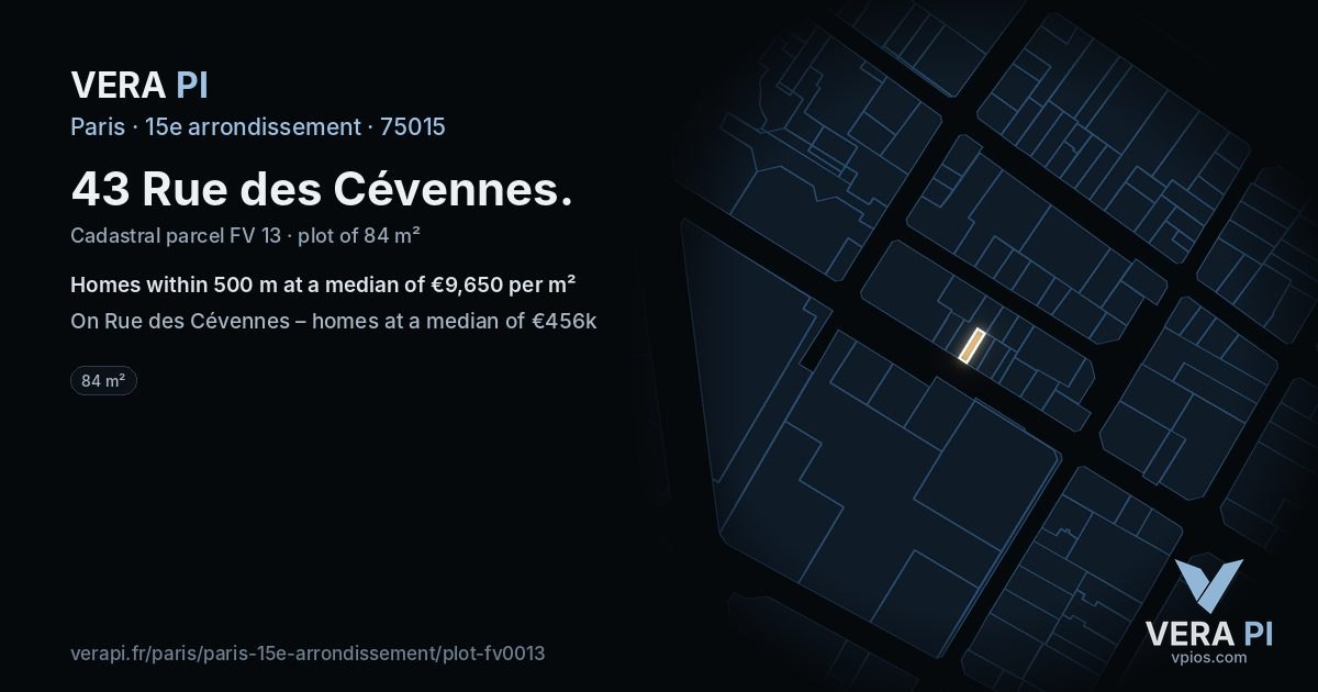 43 Rue des Cévennes, 15e arrondissement at night – the plot lit, the parcels around coloured by the prices near them