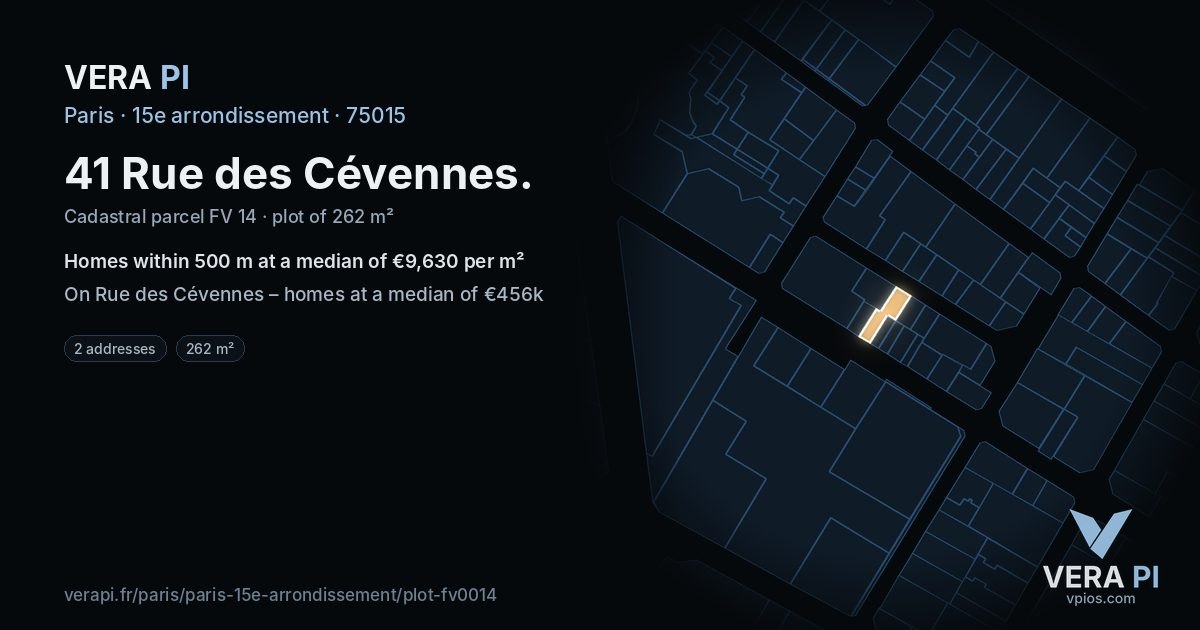 41 Rue des Cévennes, 15e arrondissement at night – the plot lit, the parcels around coloured by the prices near them