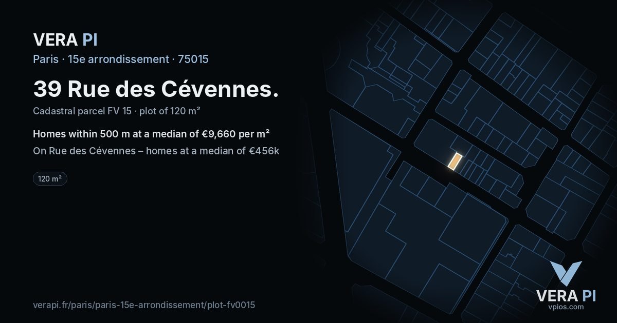 39 Rue des Cévennes, 15e arrondissement at night – the plot lit, the parcels around coloured by the prices near them