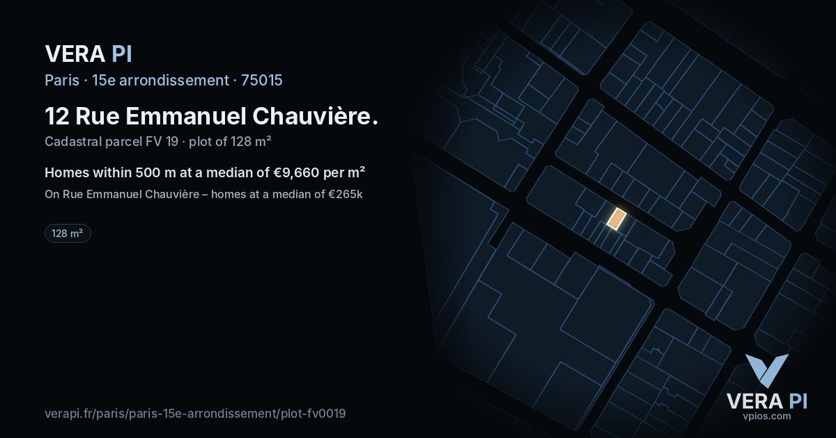 12 Rue Emmanuel Chauvière, 15e arrondissement at night – the plot lit, the parcels around coloured by the prices near them