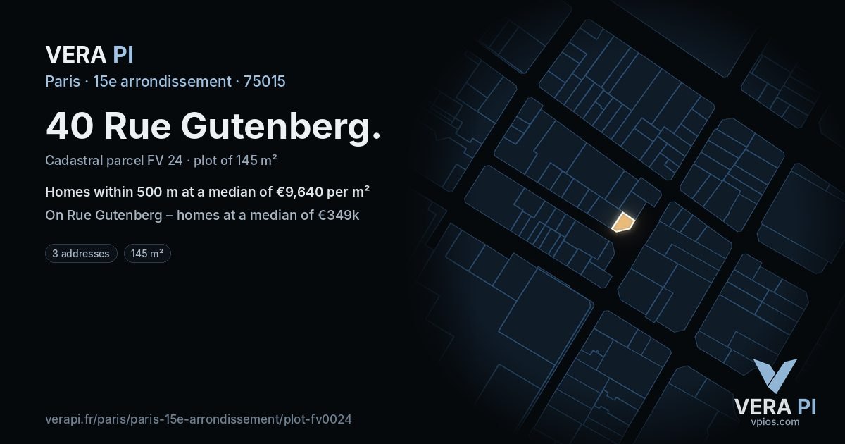 40 Rue Gutenberg, 15e arrondissement at night – the plot lit, the parcels around coloured by the prices near them