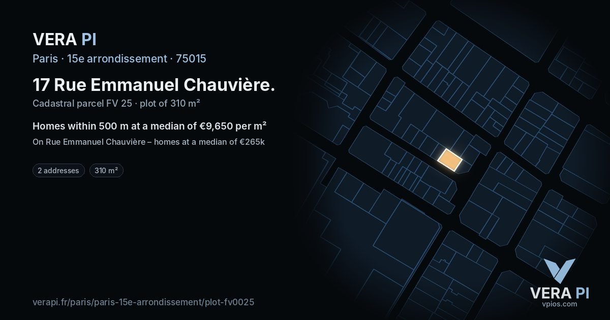 17 Rue Emmanuel Chauvière, 15e arrondissement at night – the plot lit, the parcels around coloured by the prices near them