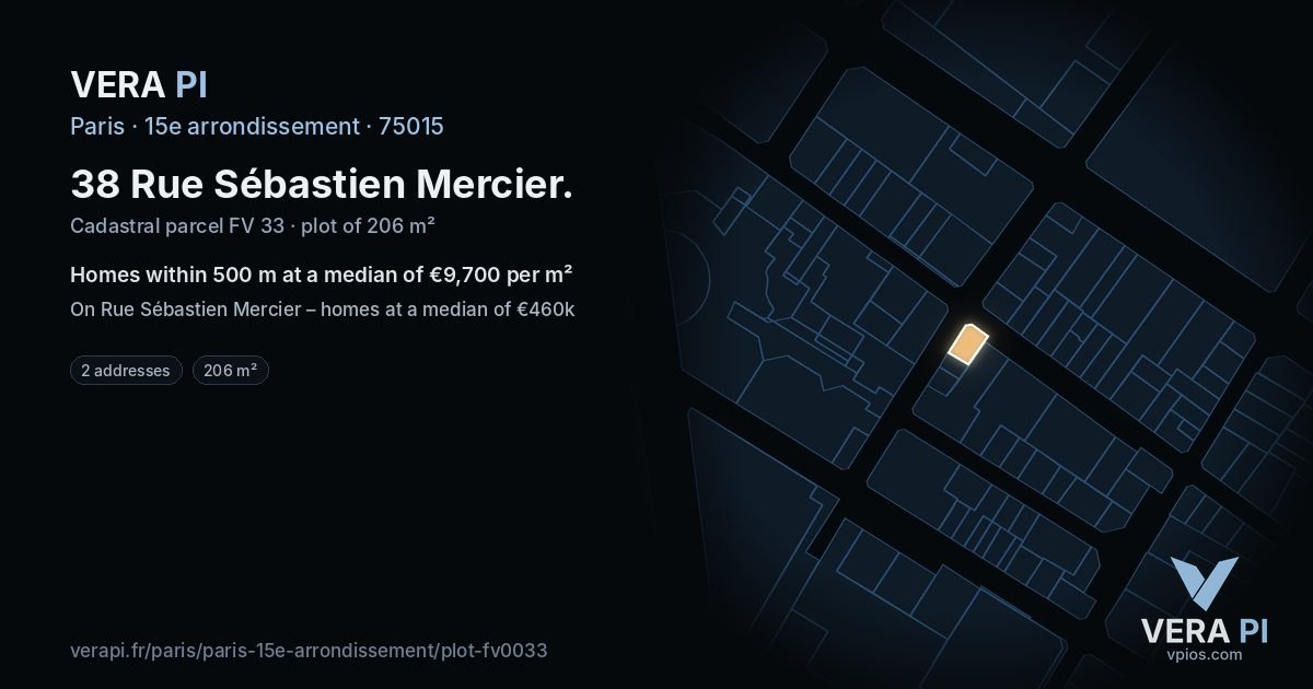 38 Rue Sébastien Mercier, 15e arrondissement at night – the plot lit, the parcels around coloured by the prices near them