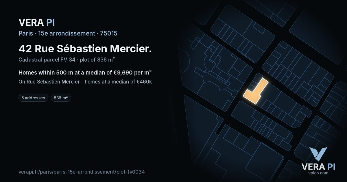 42 Rue Sébastien Mercier, 15e arrondissement at night – the plot lit, the parcels around coloured by the prices near them