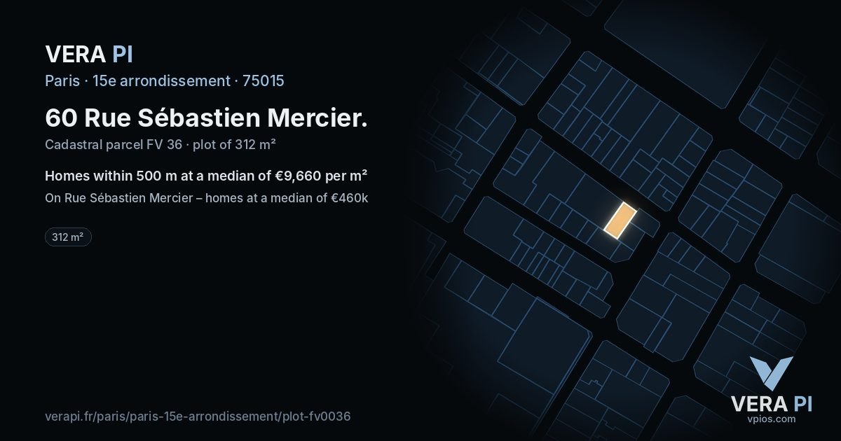 60 Rue Sébastien Mercier, 15e arrondissement at night – the plot lit, the parcels around coloured by the prices near them
