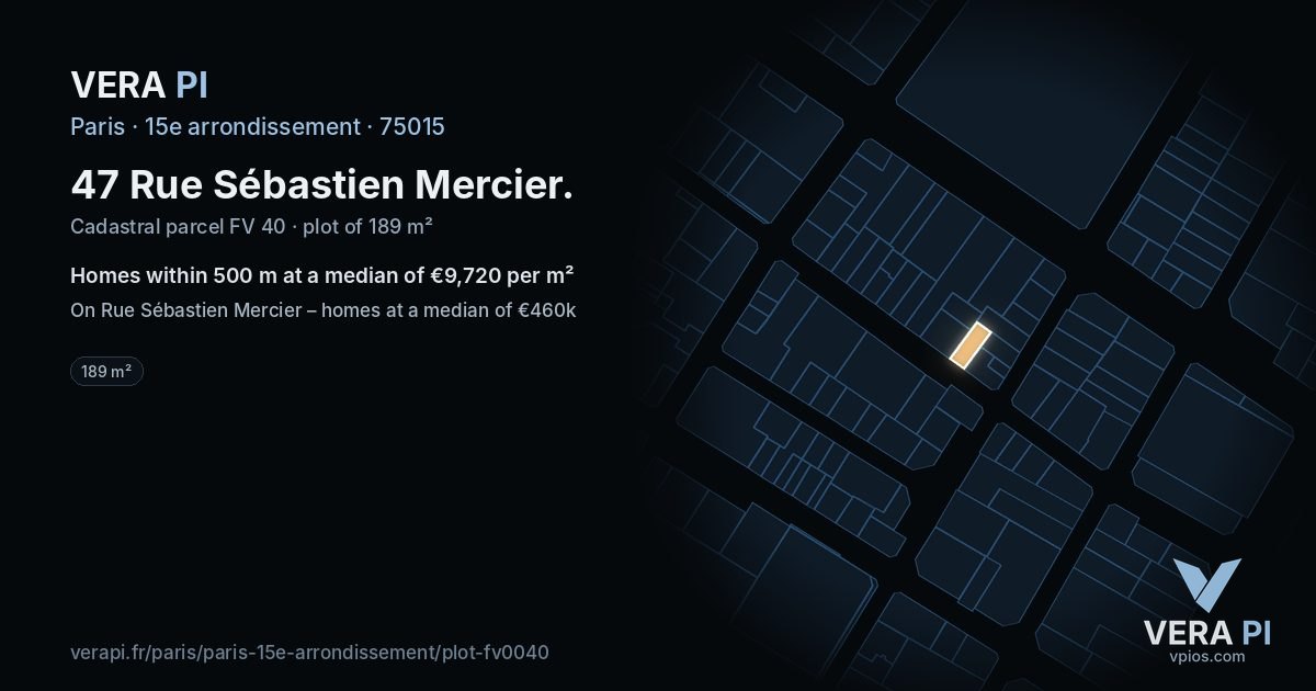 47 Rue Sébastien Mercier, 15e arrondissement at night – the plot lit, the parcels around coloured by the prices near them