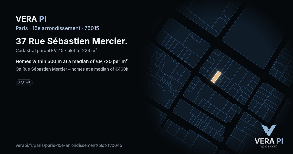 37 Rue Sébastien Mercier, 15e arrondissement at night – the plot lit, the parcels around coloured by the prices near them